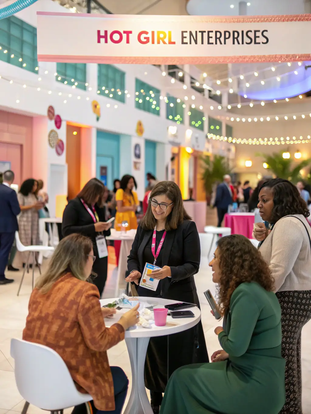 A diverse group of women entrepreneurs networking and sharing ideas at a business conference, highlighting mentorship and collaboration.