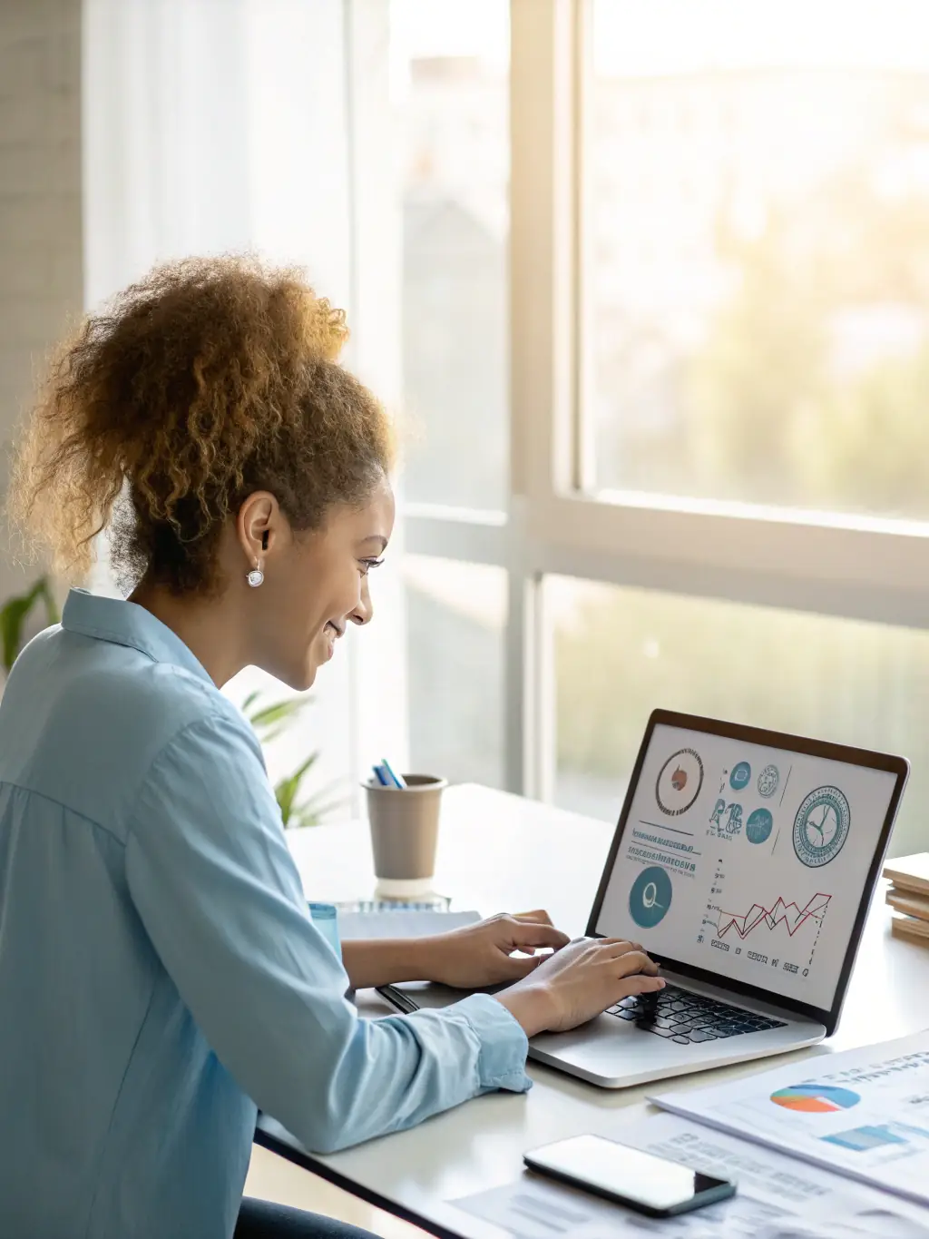 A focused woman entrepreneur reviewing a detailed business plan in a modern, sunlit office, symbolizing strategic planning and business acumen.