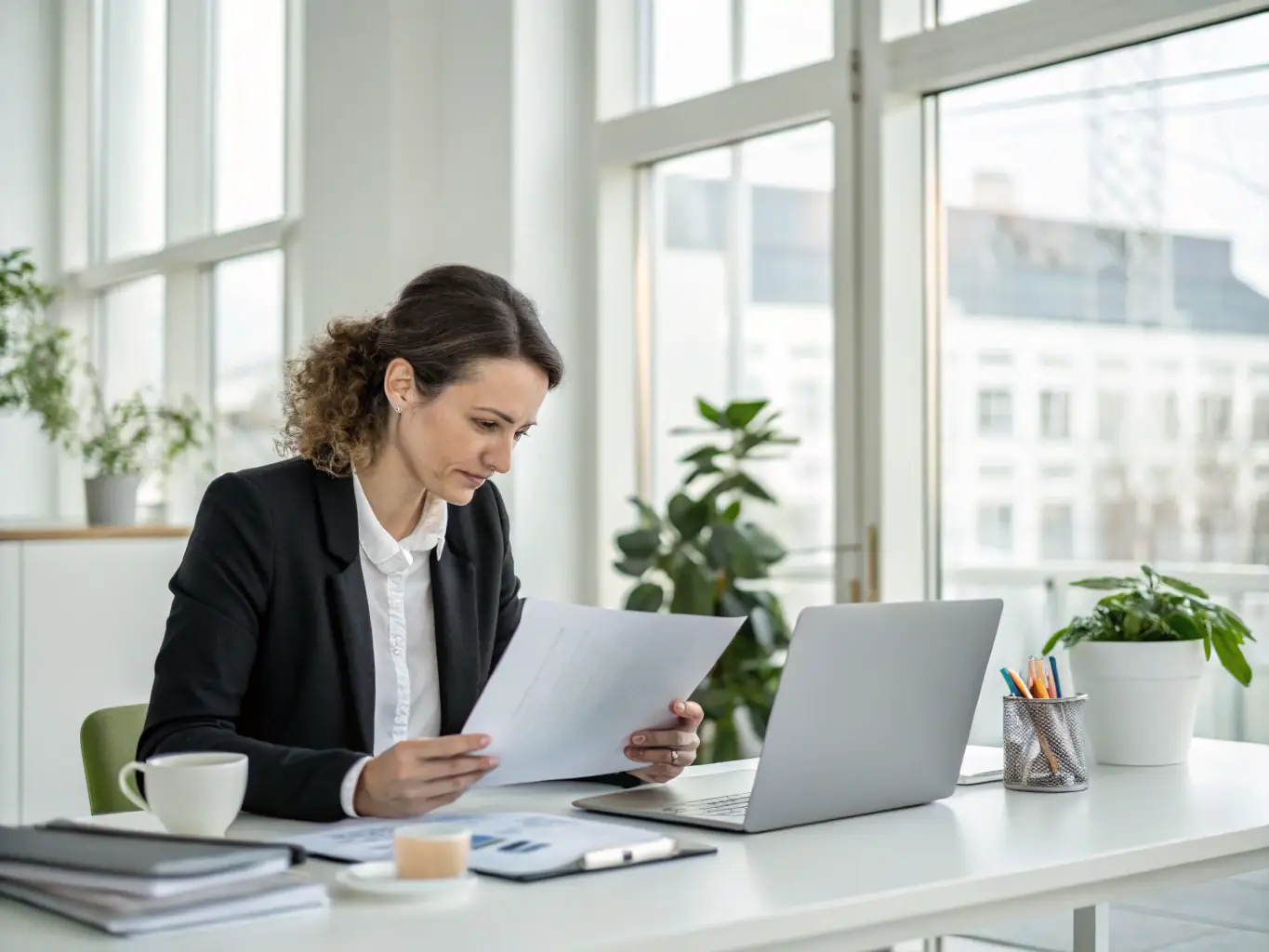 A dynamic image of a woman reviewing business plans and financial documents in a bright workspace, representing strategic entrepreneurship and financial acumen.
