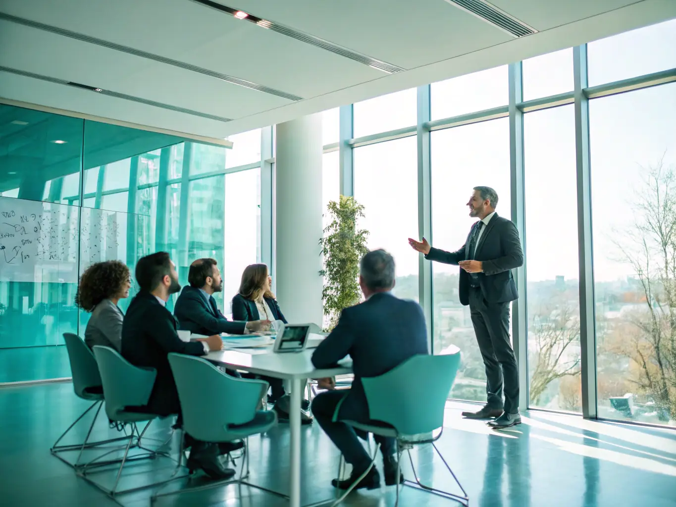 An inspiring image of a confident woman leading a team meeting in a modern office setting, symbolizing effective leadership and collaboration.