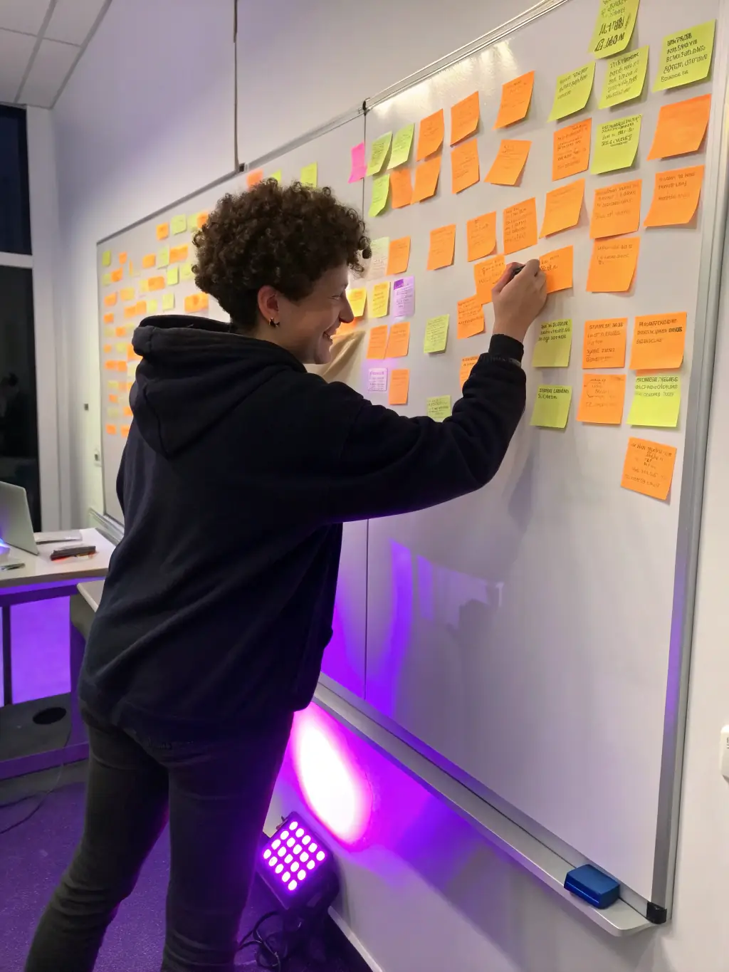 A woman entrepreneur brainstorming innovative ideas with sticky notes on a whiteboard, showcasing creative problem-solving and resilience.