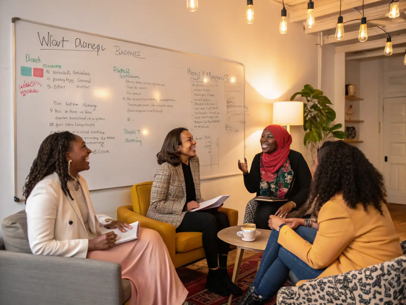 A diverse group of South African women participating in a Bizuno coaching workshop, engaging in discussions and collaborative activities, showcasing the community aspect of the programs.